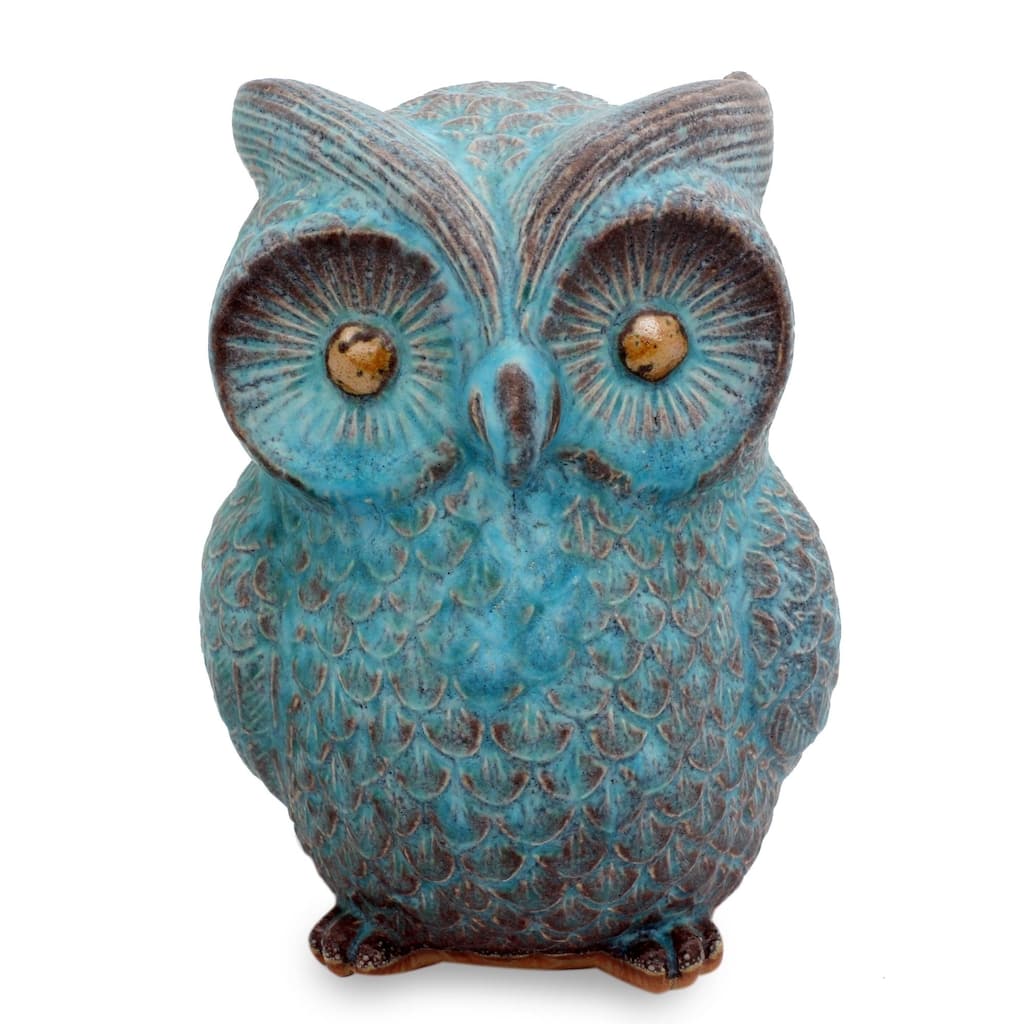 Handmade Turquoise Blue Wise Owl Ceramic Statuette (Thailand)