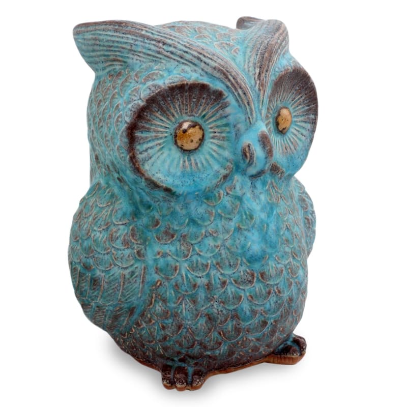 Handmade Turquoise Blue Wise Owl Ceramic Statuette (Thailand)