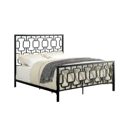 California King Metal Bed with Geometric Pattern Headboard And Footboard, Black