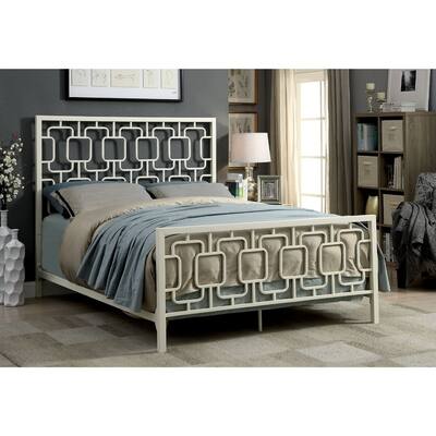 Eastern King Metal Bed with Geometric Pattern Headboard And Footboard, White