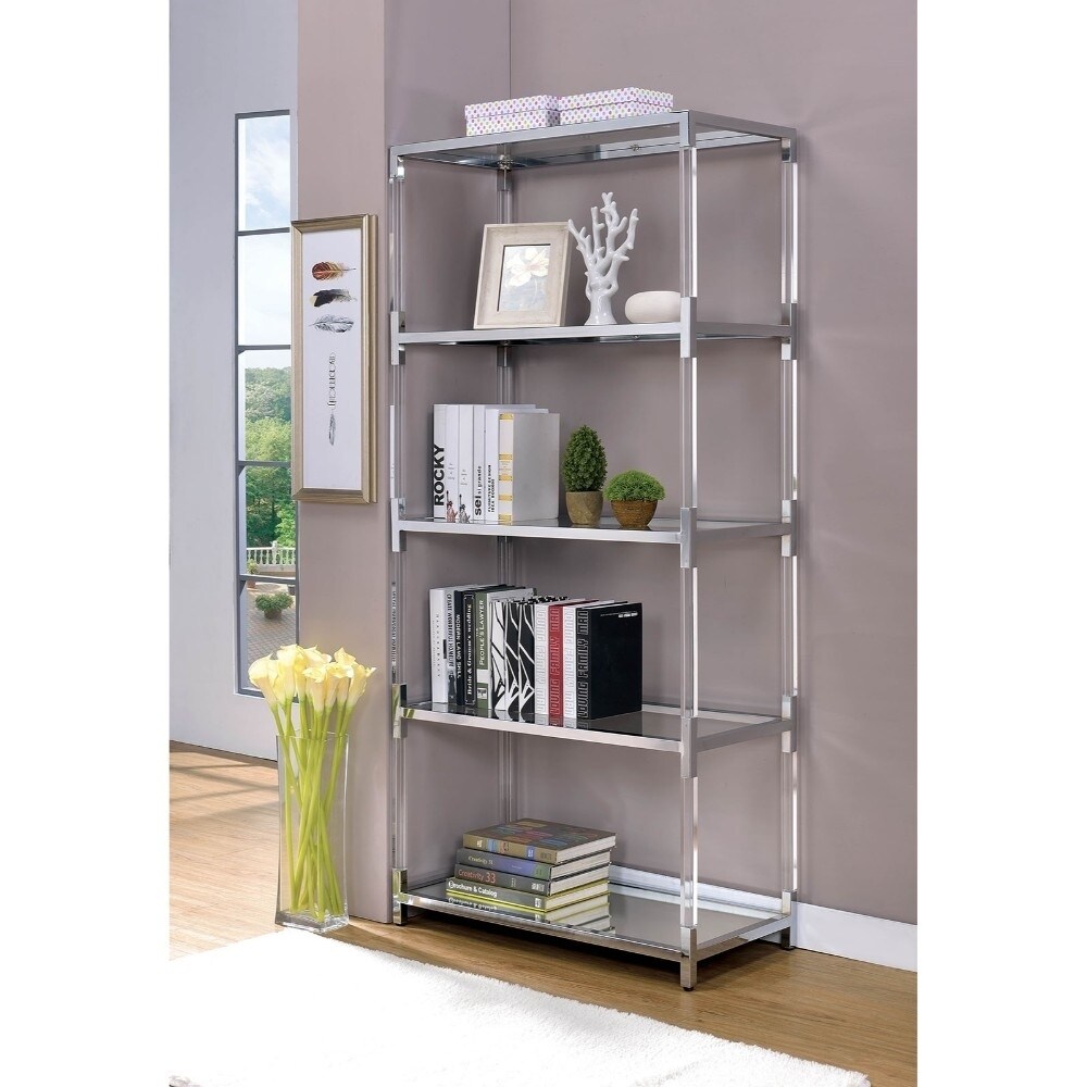 Benzara Four Tier Glass Shelf with Metal Frame and Acrylic Accent, Silver and Clear
