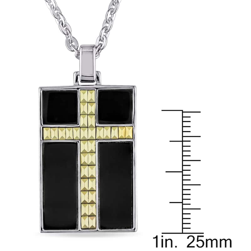 Miadora 2-Tone White and Yellow Plated Sterling Silver Black Enamel Cross Dangle Necklace
