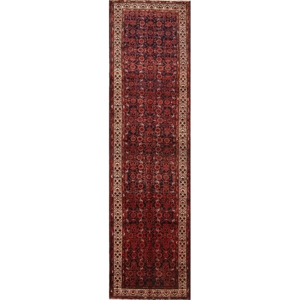 Hand Knotted Wool Floral Hamedan Persian Goemetric Oriental Rug - 13'5" x 3'6" runner