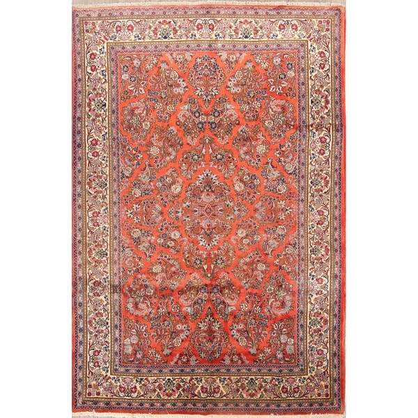 Sarouk Hand Knotted Wool Floral Vintage Persian Area Rug - 9'9" x 6'7"