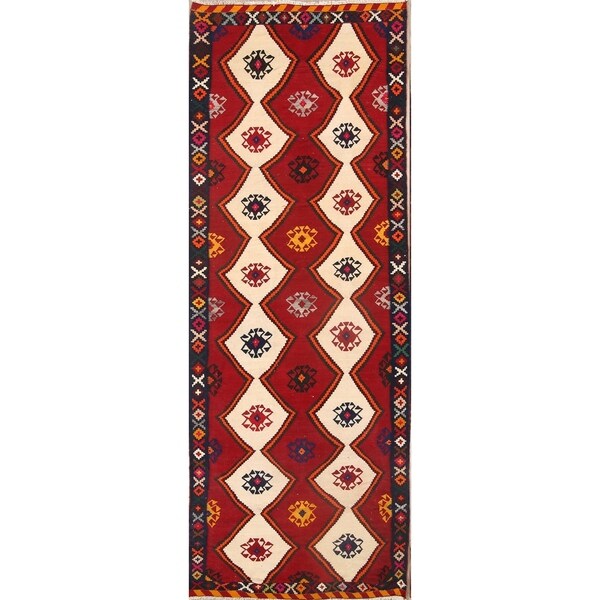 Hand Woven Wool Kilim Shiraz Persian Tribal Rug - 12'3" x 4'4" runner