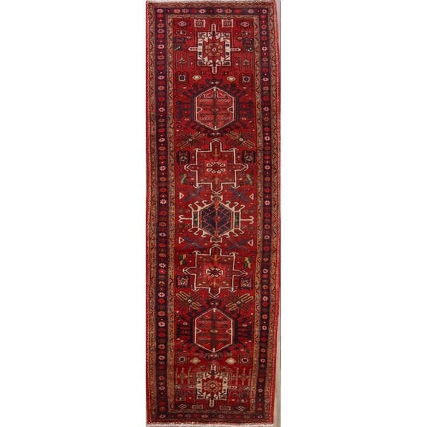 Vintage Handmade Wool Traditional Geometric Tribal Heriz Persian Rug - 11'2" x 3'7" runner