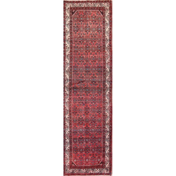 Red Floral Hamedan Hand Knotted Woolen Vintage Persian Carpet Rug - 13'1" x 3'7" runner