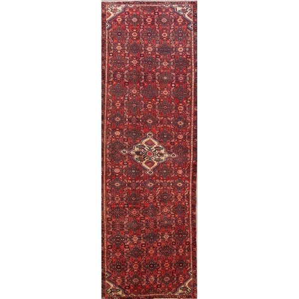 Floral Hand Knotted Woolen Hamedan Vintage Persian Carpet Rug - 12'3" x 3'11" runner