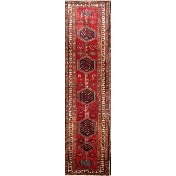 Geometric Tribal Heriz Hand Knotted Wool Vintage Persian Rug - 13'2" x 3'5" runner