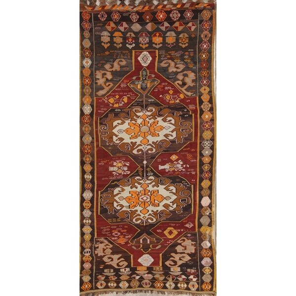 Flat-Weave Kilim Turkish Hand Woven Wool Vintage Oriental Rug - 13'1" x 6'1" runner