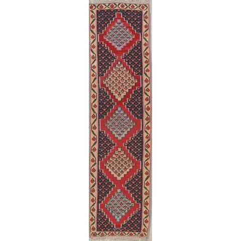 Geometric Kilim Sanandaj Bidar Hand Woven Wool Tribal Persian Rug - 9'2" x 2'6" runner