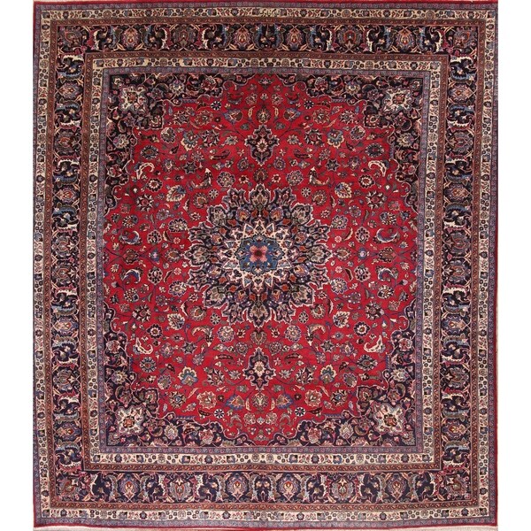 Handmade Wool Traditional Floral Mashad Persian Oriental Area Rug - 12'8" x 11'6" square