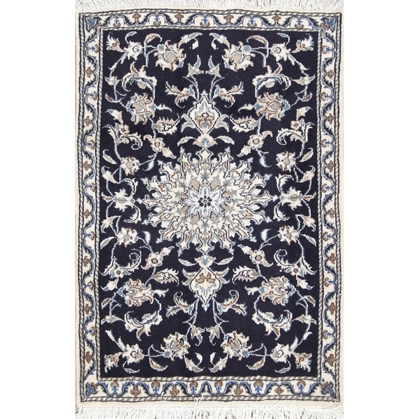 Hand Knotted Black Floral Nain Persian Wool Rug - 4'3" x 2'10"