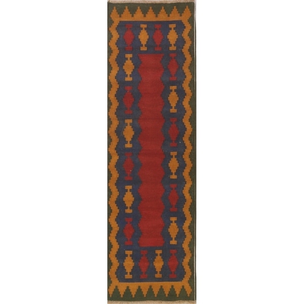 Geometric Kilim Shiraz Hand Woven Wool Persian Tribal Carpet Rug - 9'9" x 2'11" runner