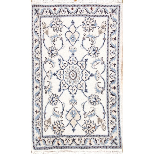 Hand Knotted Wool Floral Nain Persian Oriental Carpet Area Rug - 3'1" x 1'10"
