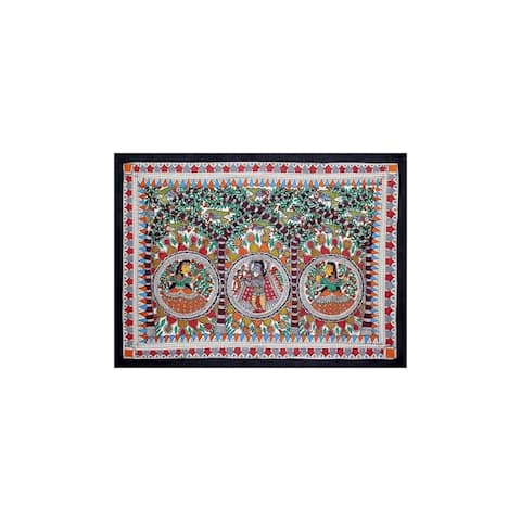 Handmade Benevolent Krishna Madhubani Painting (India) - Multi-color