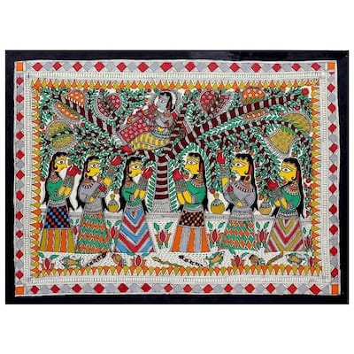 Handmade Krishna Charms Gopies Madhubani Painting (India) - Multi-color