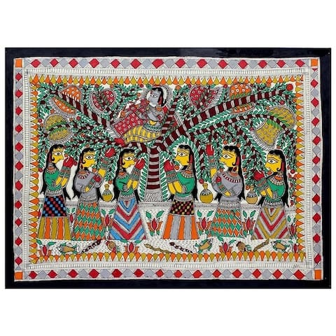 Handmade Krishna Charms Gopies Madhubani Painting (India) - Multi-color