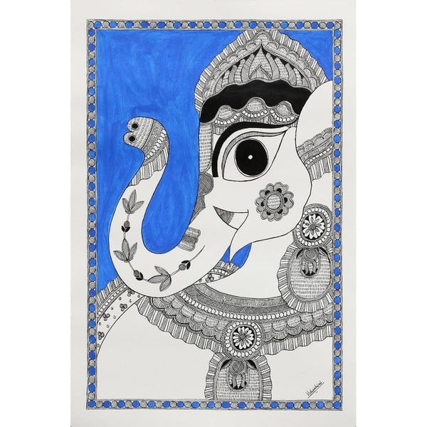slide 2 of 3, Handmade Magnificent Ganesha Ii Madhubani Painting (India) - Blue