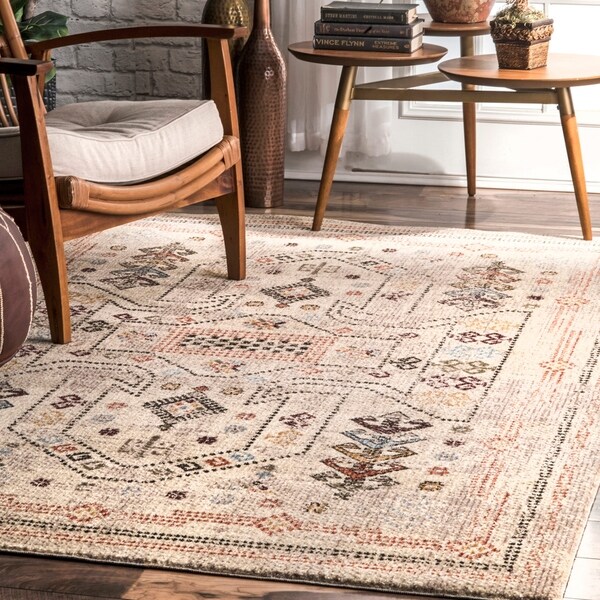 nuLOOM Beige Transitional Vintage Melange Geo Dot Border Area Rug