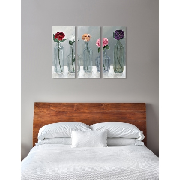 Oliver Gal 'Bottled Flowers Triptych' 3 Piece Set, Floral Wall Art Print on Canvas - pink, gray - 17" x 36" x 3 panels