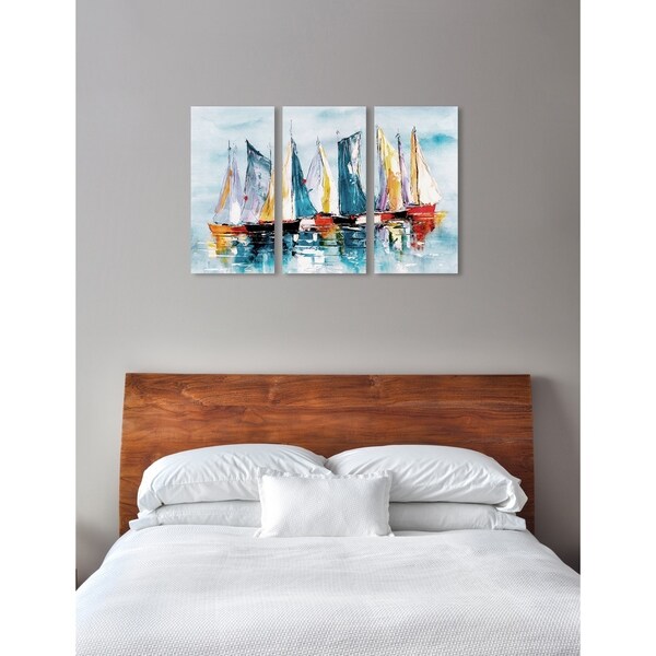 Oliver Gal 'Beautiful Boat Day Triptych' 3 Piece Set, Coastal Wall Art Print on Canvas - Blue - 17" x 36" x 3 panels