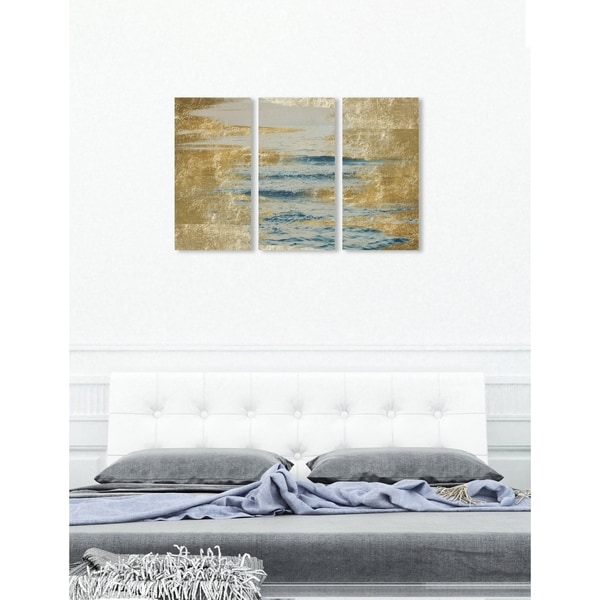 Oliver Gal 'Sea in Gold Triptych' 3 Piece Set, Abstract Wall Art Print on Canvas - Blue, Gold - 17" x 36" x 3 panels