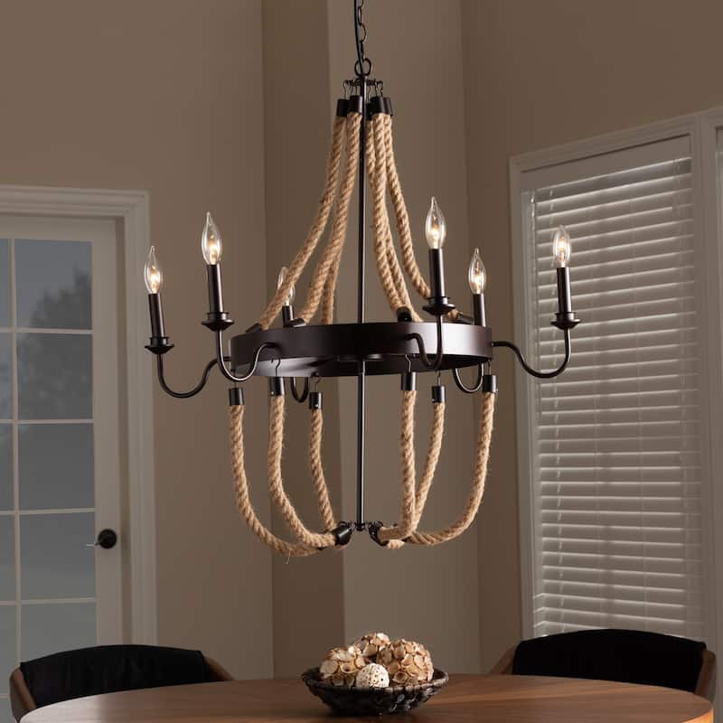 Vintage Industrial Dark Bronze Metal 6 Light Chandelier