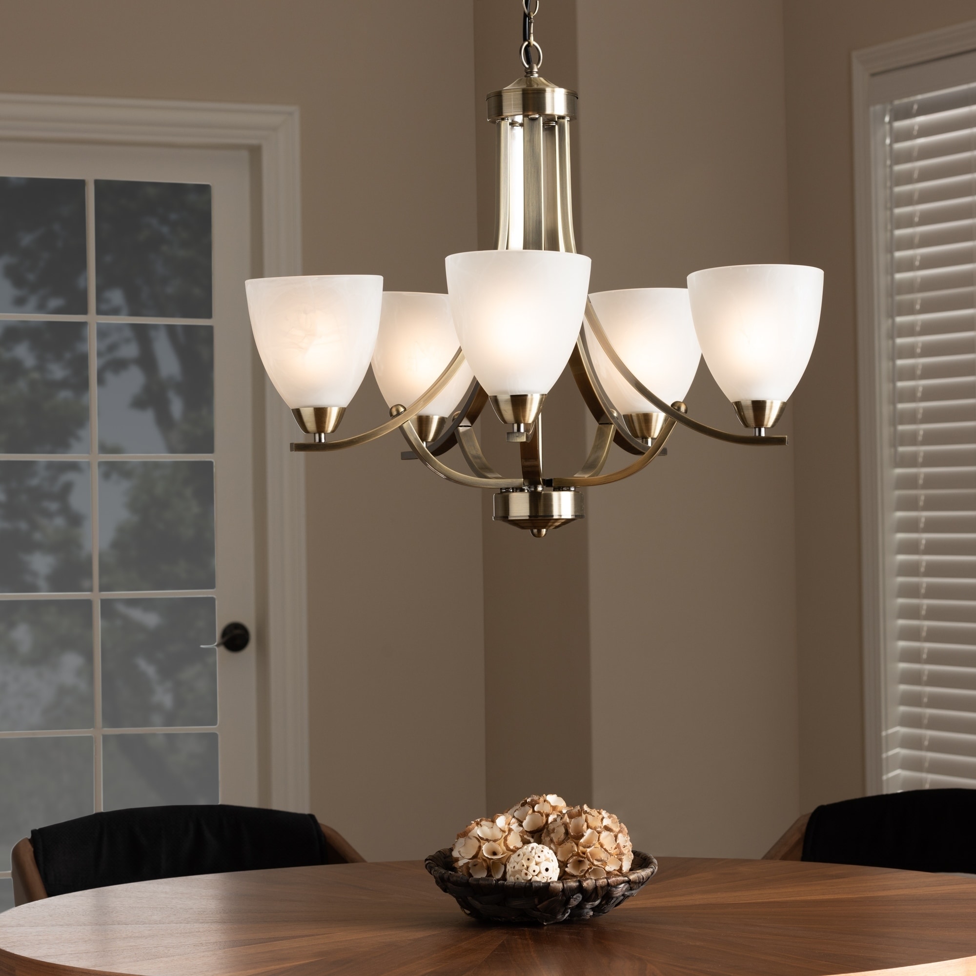 Contemporary Antique Brass Metal and Frosted Glass 5-Light Chandelier - Chandeliers For Bedrooms by Overstock.com