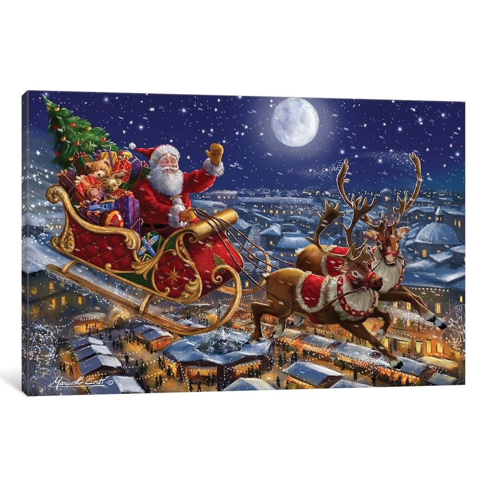 iCanvas 'Santa Sleigh And Reindeer In Sky' by Marcello Corti