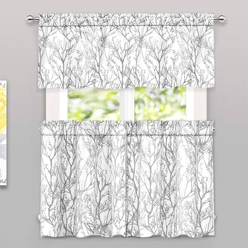 Porch & Den Pagosa Tree Branch -piece Valance and Tiers Set - 52''x18''+28''x36''x2 - grey