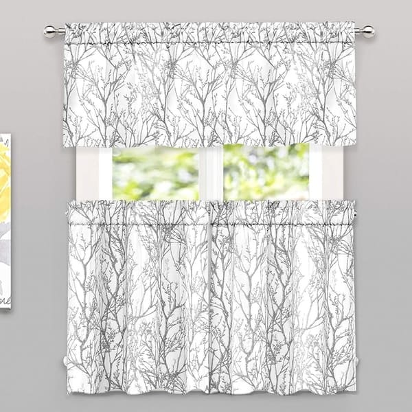 slide 2 of 8, Porch & Den Pagosa Tree Branch -piece Valance and Tiers Set 52''x18''+28''x36''x2 - grey
