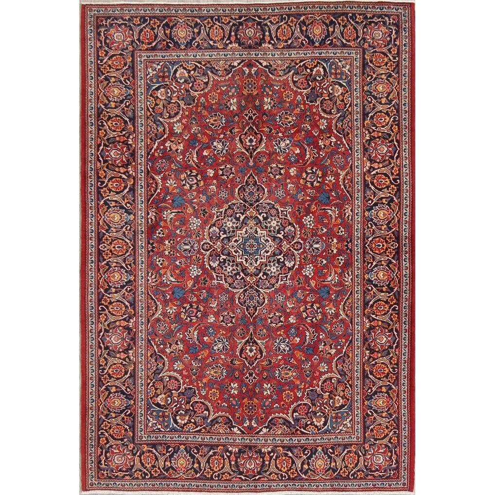 Hand Knotted Wool Antique Floral Kashan Persian Area Rug - 6'8