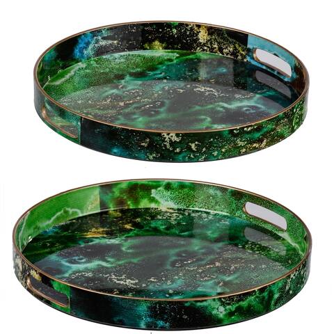 Set of 2 Modern Chic Green Trays L:D14, S:D12 inch