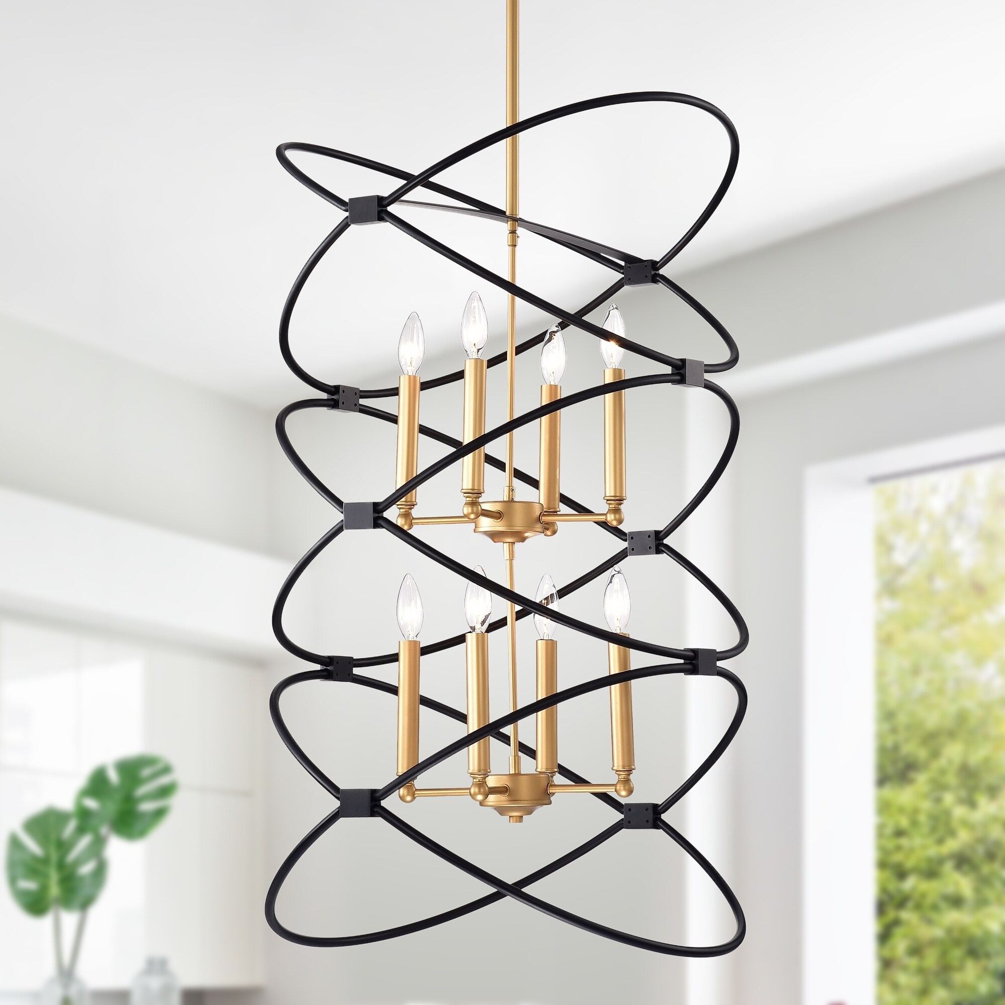Fenton Gold 8-Light 2-tier Candelabra Chandelier with Black Geometric Pattern Cage - Chandeliers For Bedrooms by Overstock.com