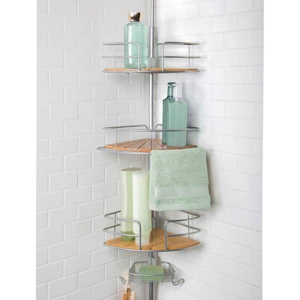 Aluminum Tension Pole Caddy with Bamboo Shelves 