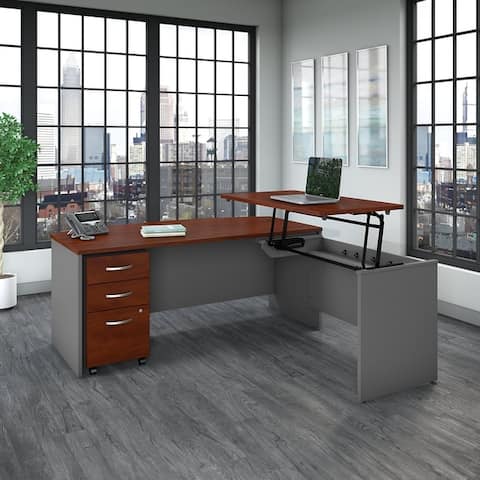 Series C Bow-front Sit-to-Stand L-shaped Cherry Office Suite