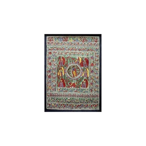 Handmade Krishna with Village Women Madhubani Painting (India) - Multi-color