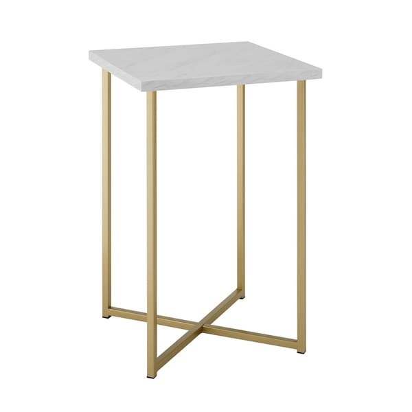 Offex 16" Glam Accent Square Side Table with White Marble Top and Gold Legs