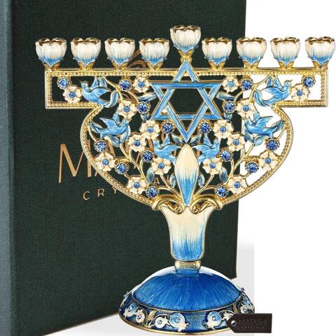 Hand Painted Enamel Menorah Candelabra with Doves & Flowers Design by Matashi