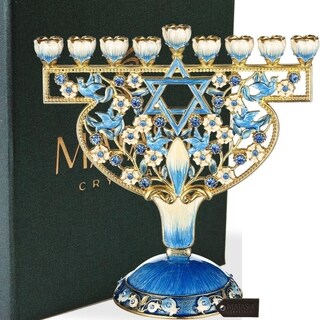 Hand Painted Enamel Menorah Candelabra with Doves & Flowers Design by Matashi