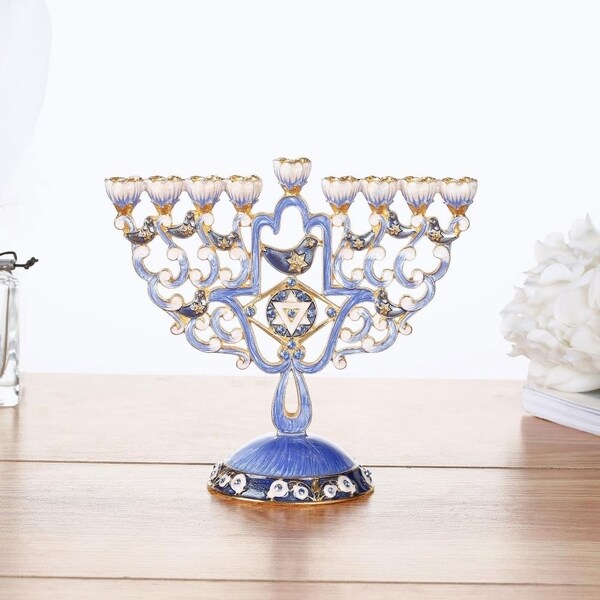 Hand Painted Enamel Menorah Candelabra with Hamsa & Doves Design