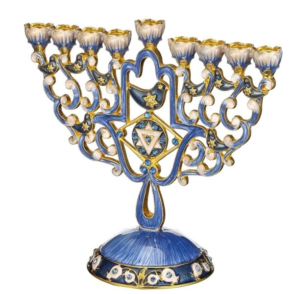 Hand Painted Enamel Menorah Candelabra with Hamsa & Doves Design