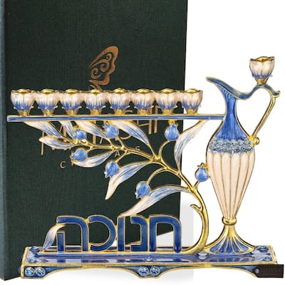 Matashi Hand Painted Blue Enamel Menorah Candelabra with Hebrew Hanukkah Design