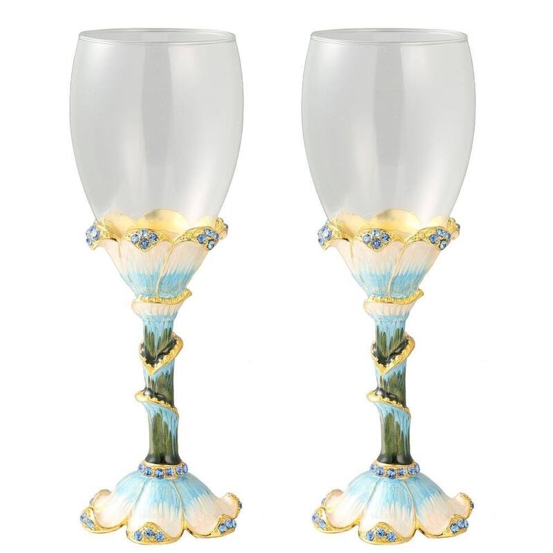 Long Stem Wine Glass with Hand Painted Stemware (Pewter) Petal Base by Matashi
