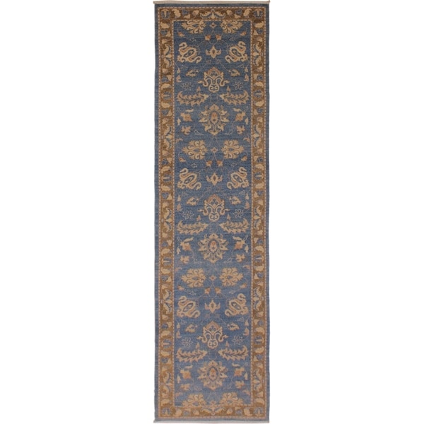 Kafkaz Peshawar Stefany Lt. Blue/Brown Wool Rug (2'7 x 12'3) - 2 ft. 7 in. x 12 ft. 3 in.