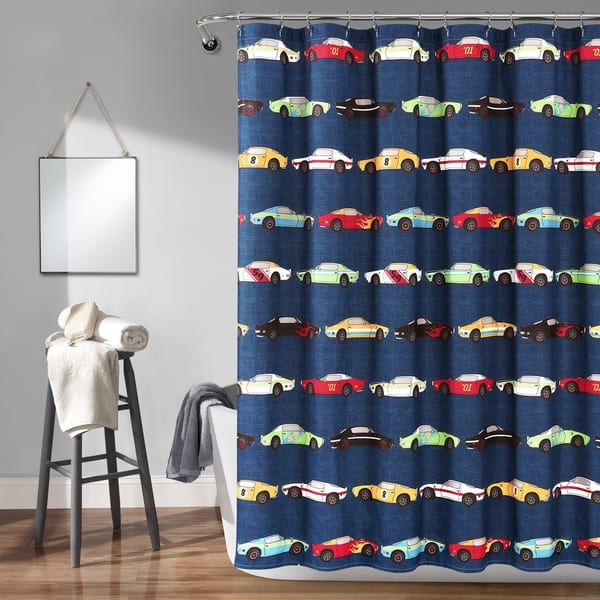 slide 2 of 7, Lush Decor Race Cars Shower Curtain - 72" x 72" Navy