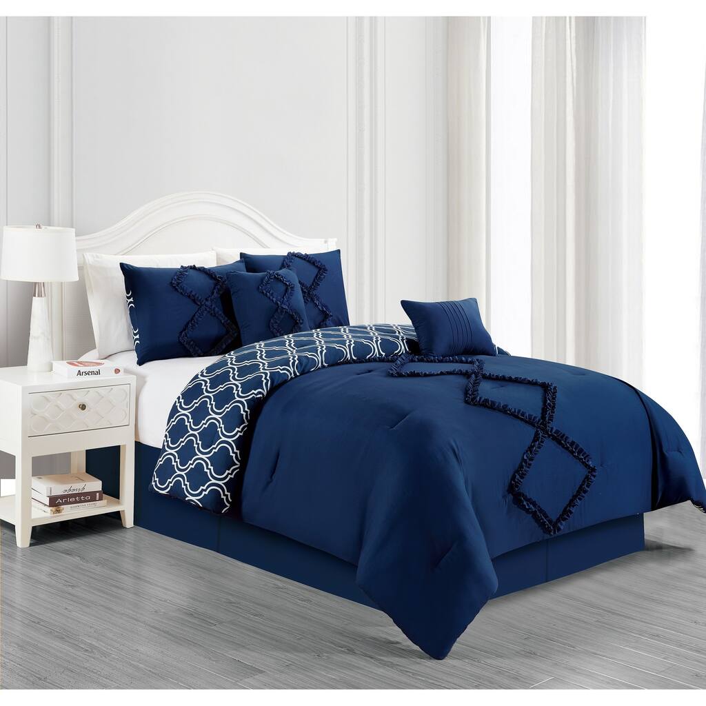 Ruffle Reversible 5pc Queen Comforter Set - Navy/Gate Navy
