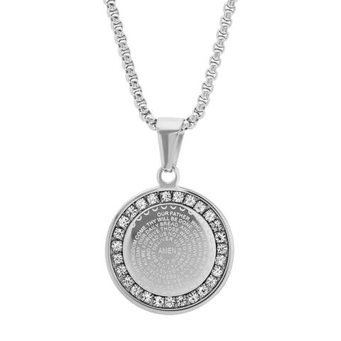 Piatella Ladies Stainless Steel Our Father Prayer Reversible Round Pendant With Cubic Zirconia In 3 Colors