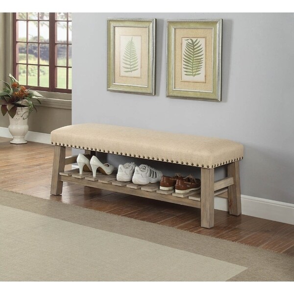 Shop Wooden Bench with Fabric upholstered Seat Accented with Nail head